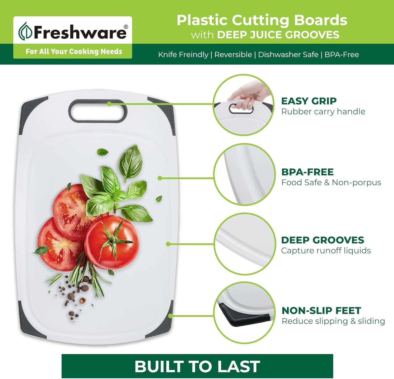 Plastic Cutting Boards for Kitchen, Cutting Board Set of 3, Juice Grooves with Easy Grip Handle, BPA-Free, Non-Porous, Dishwasher Safe, White