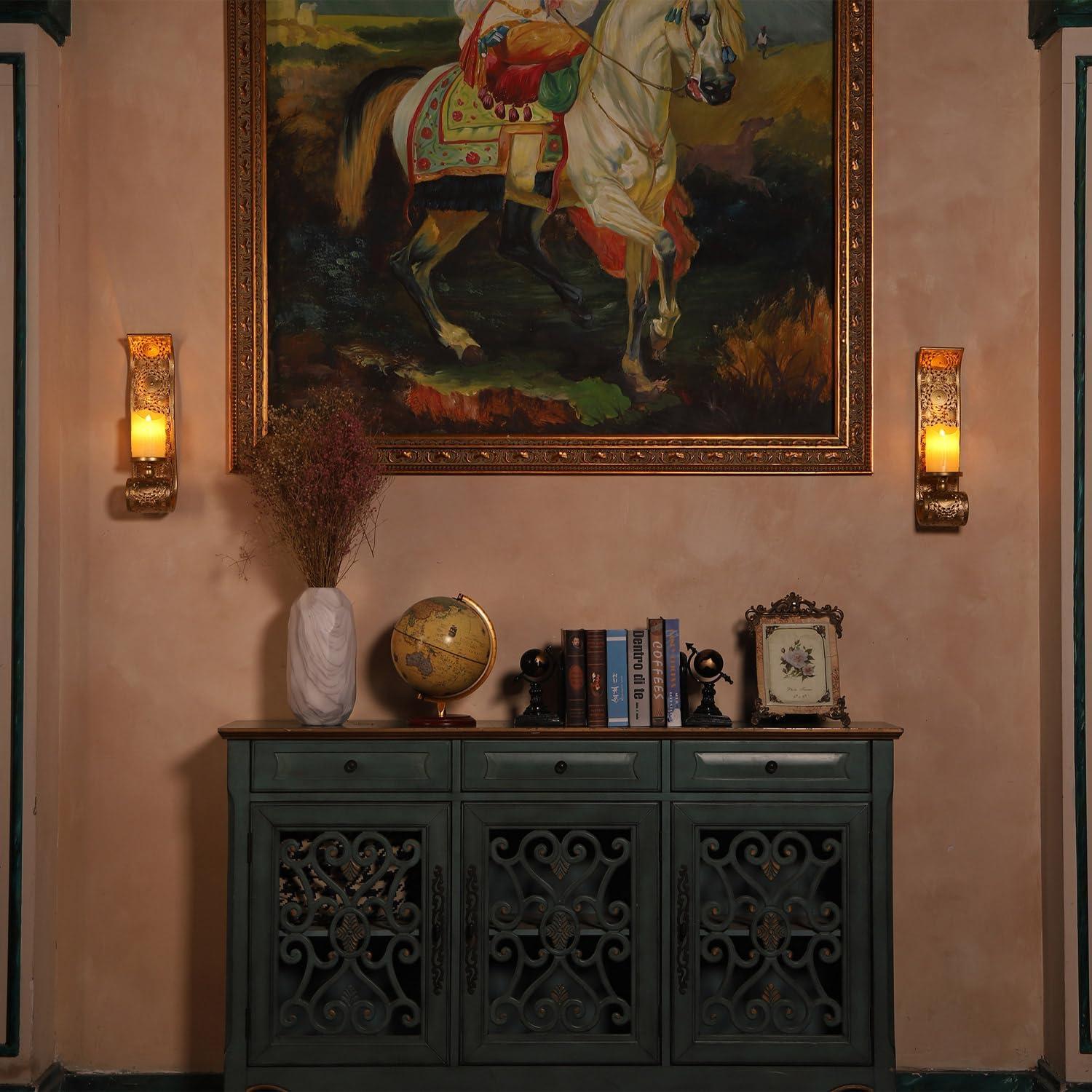 Wall Candle Sconce Set of 2,Gold Metal Wall Mount Candle Holder，Spanish Baroque Hollow Carving Wall-Mounting Sconces for Living Room, Bathroom, Dining Areas,Hallways Decorations