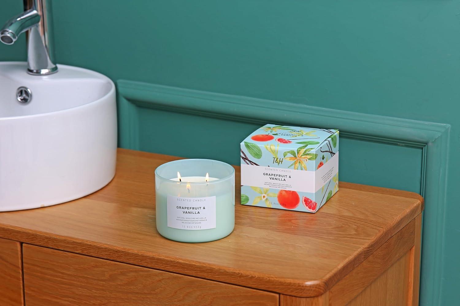 Grapefruit Vanilla Aromatherapy Candle 3 Wick Large Soy Scented Candles for Men and Women 15.8 Oz