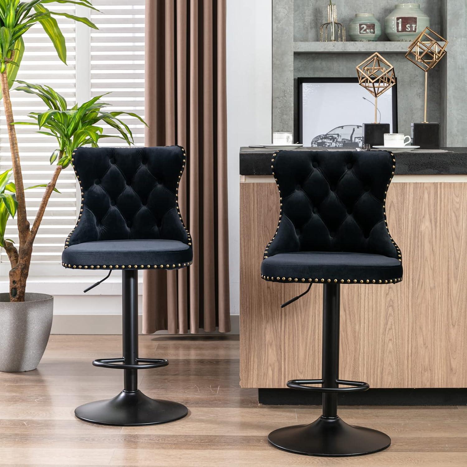 Adjustable Black Velvet Swivel Bar Stools with Nailhead Trim, Set of 2