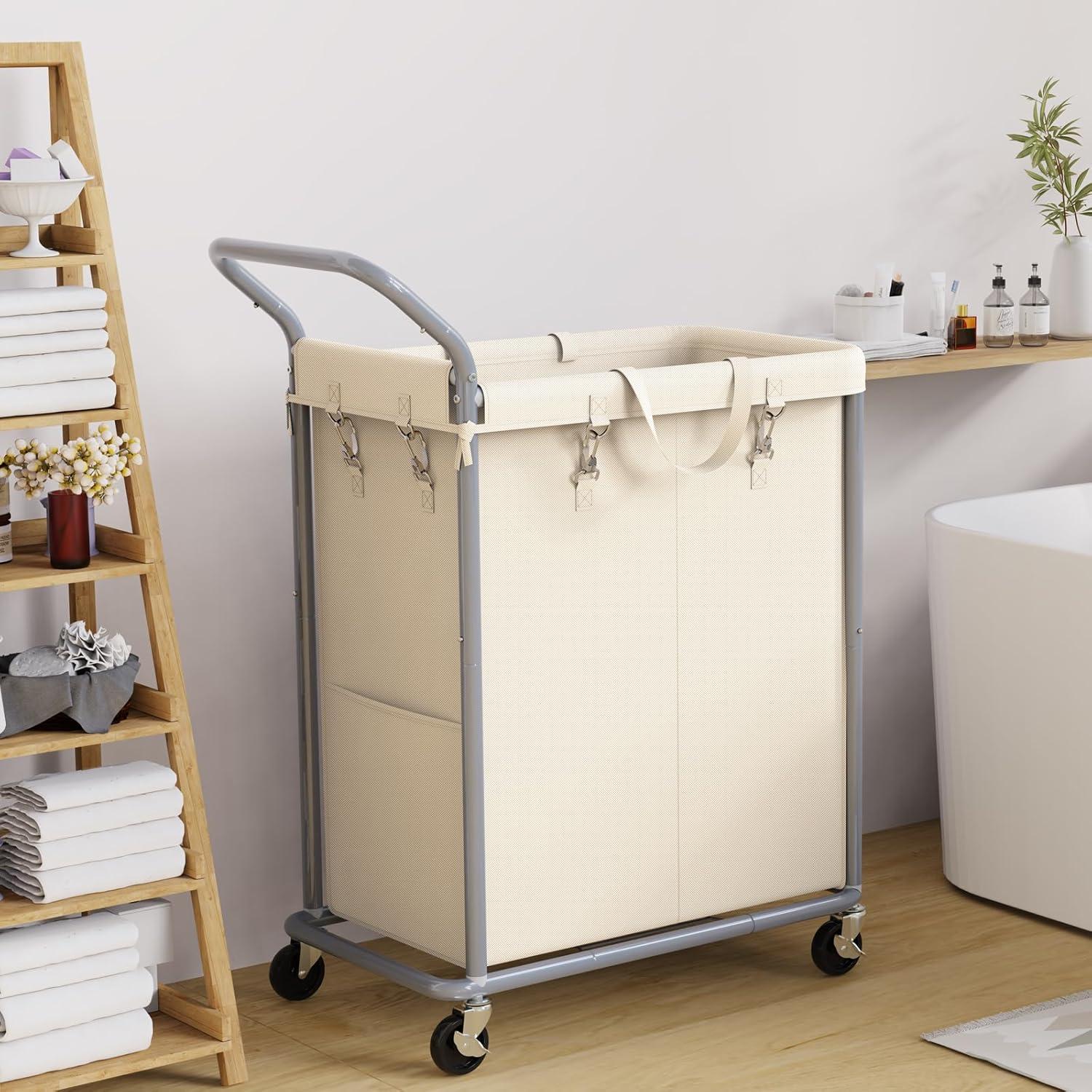 Beige 140L Rolling Laundry Sorter with Steel Frame and Removable Liner