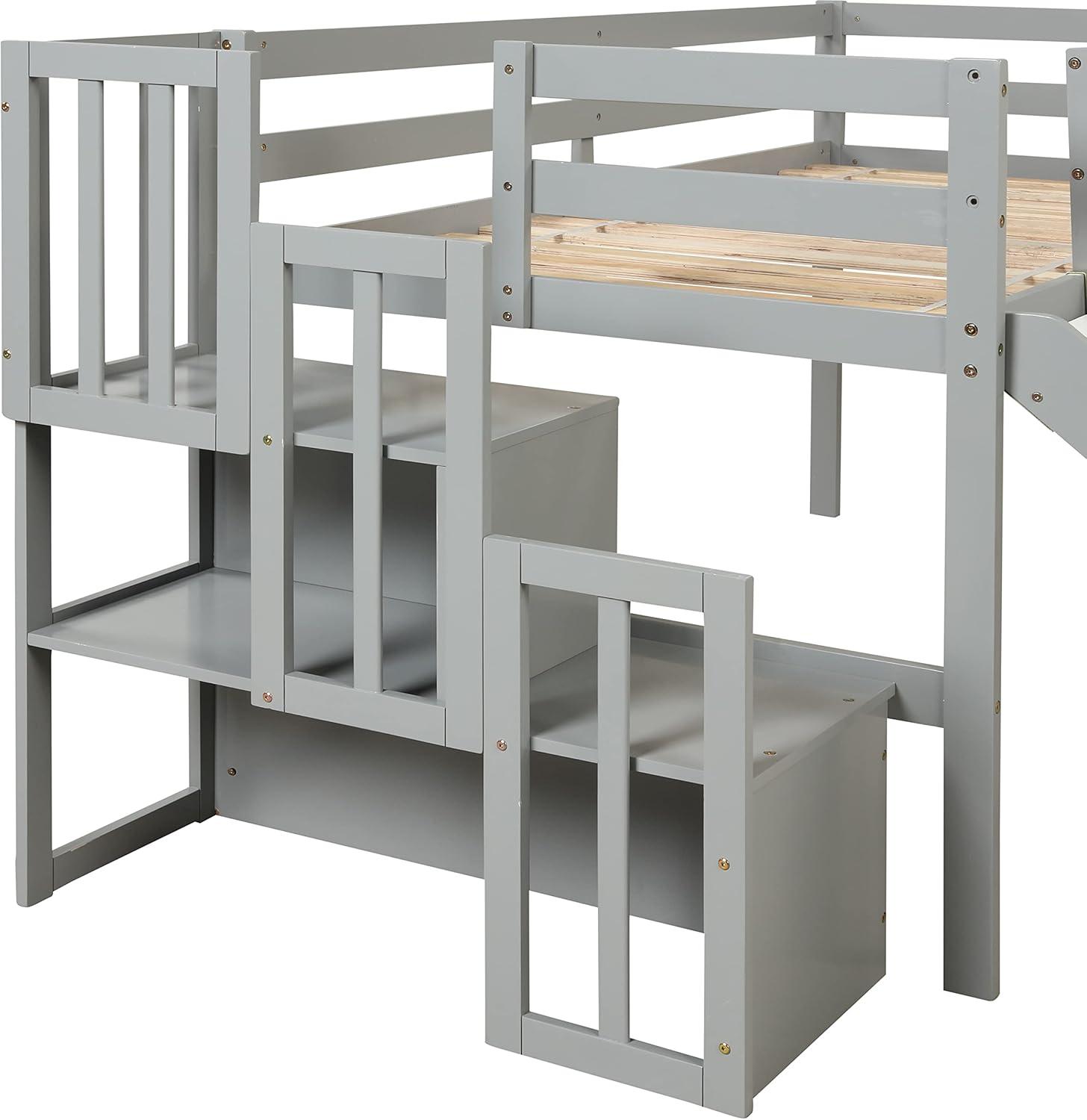 Gray Twin Pine Loft Bed with Slide and Storage Staircase