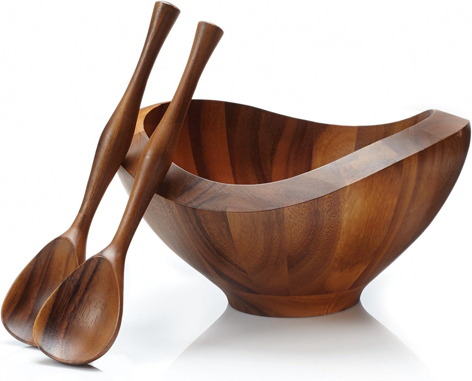 Nambe Bella Acacia Wood Salad Bowl w/ Servers,Bowl: 15" D x 8" H Servers: 13" L