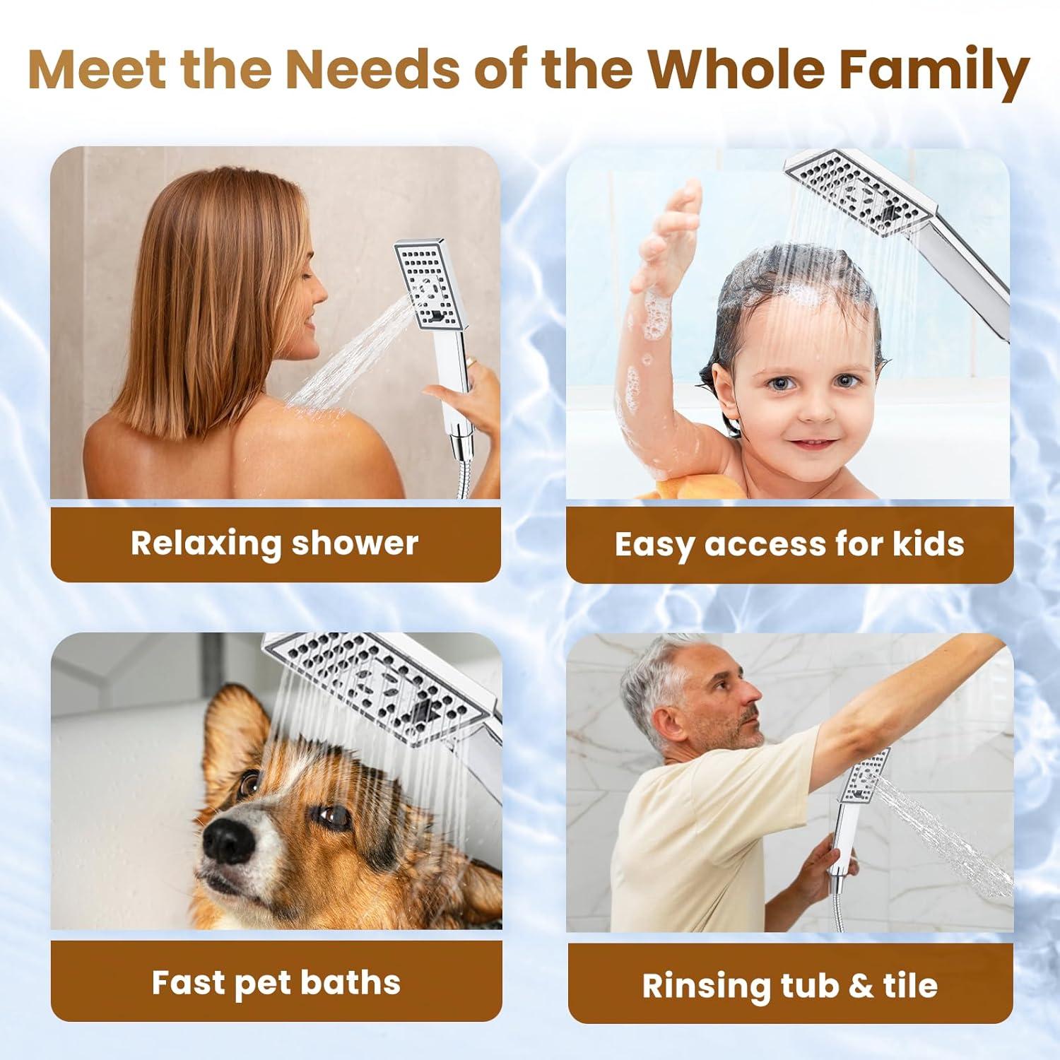 BRIGHT SHOWERS Rain Shower Head Combo, 8" Rainfall Shower with Handheld Spray, 60" Hose, 3-Way Diverter, Wall Bracket, Chrome