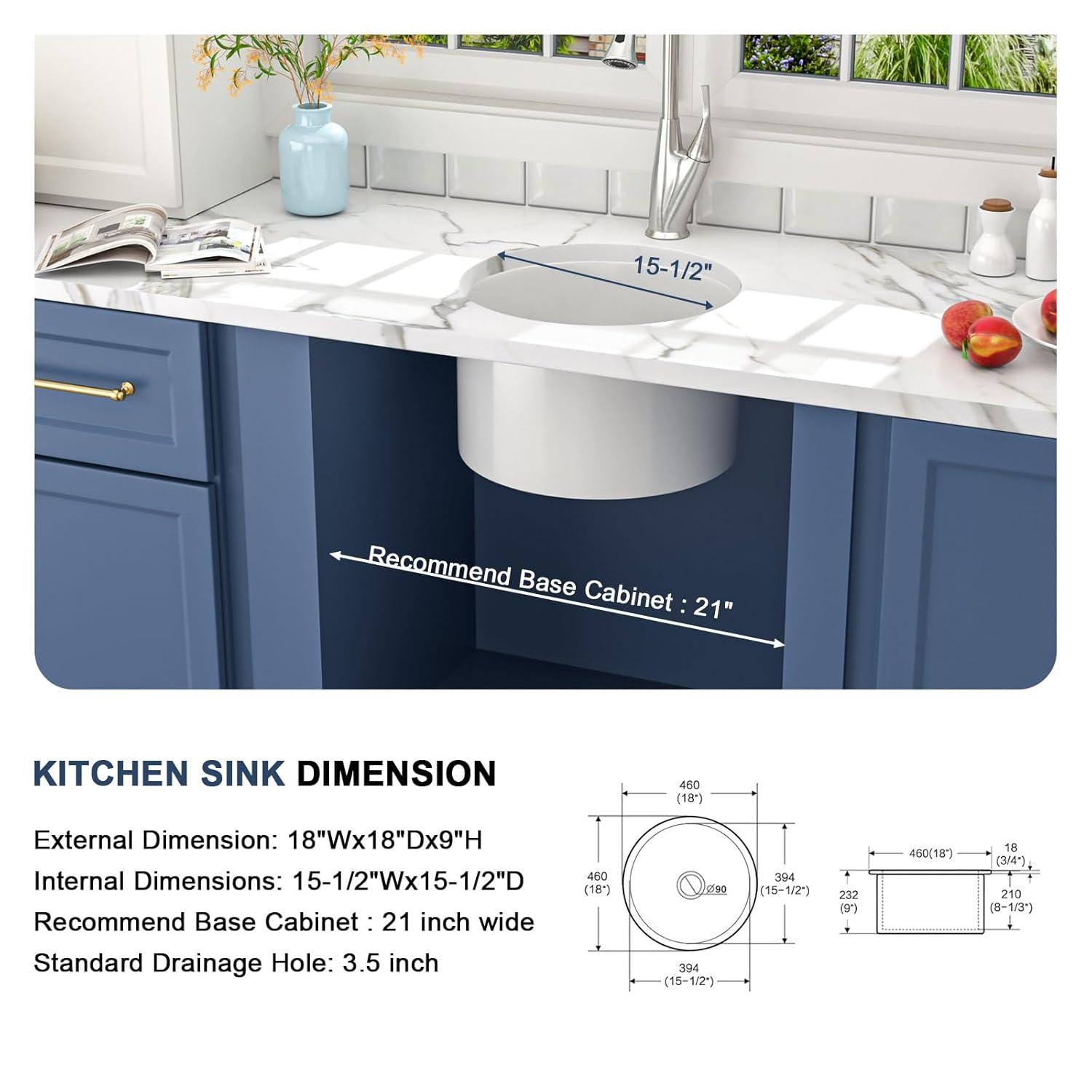 Lordear 18 Inch White Undermount Bar Sink RV 18 x 18 Inch Deep Single Bowl White Small Undermount Bar Prep Sinks Round With Gold Drainer