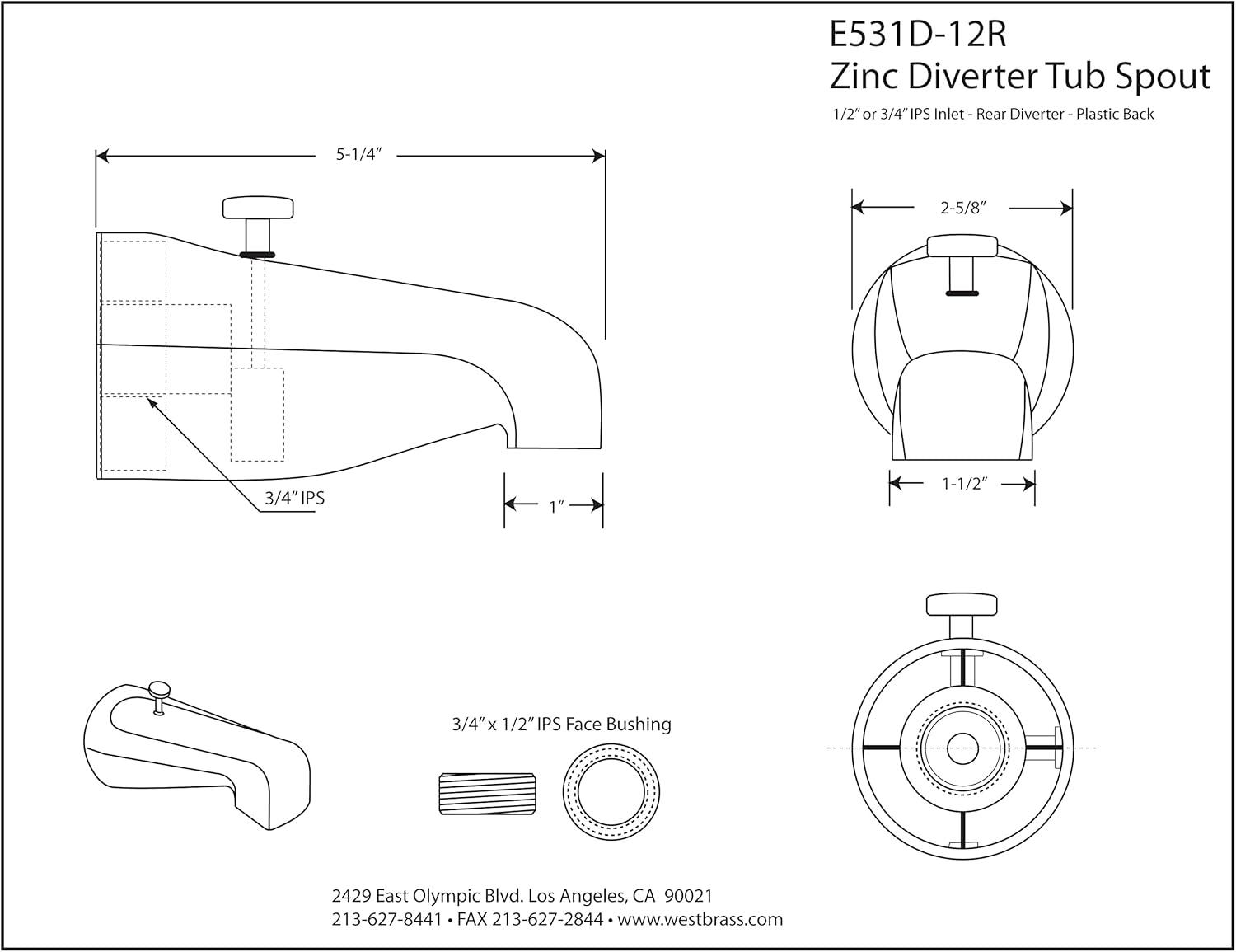 Oil Rubbed Bronze Rear Diverter Tub Spout with IPS Connection