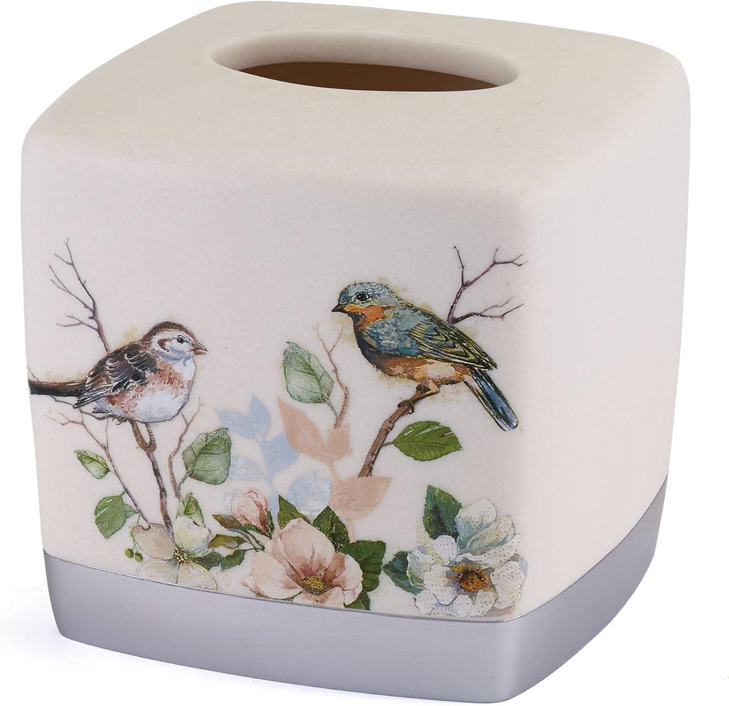 Ivory Resin Tissue Box Cover with Birds and Flowers