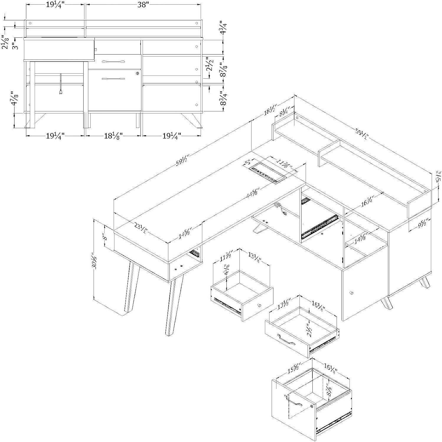 Helsy L-Shaped Desk with Power Bar and Removable Hutch Natural Walnut