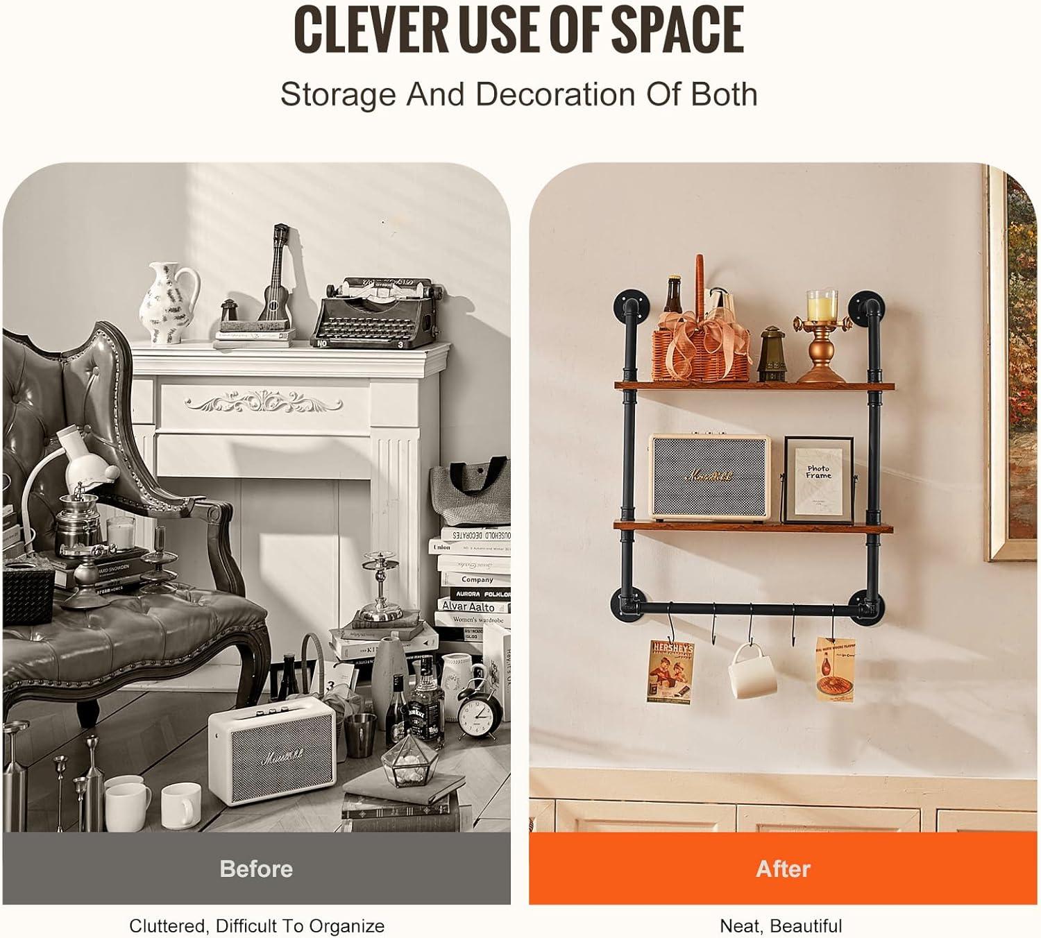 Williston Forge Industrial Pipe Shelf 2 Tier 24x7.87in Wall-Mount for Kitchen Bedroom