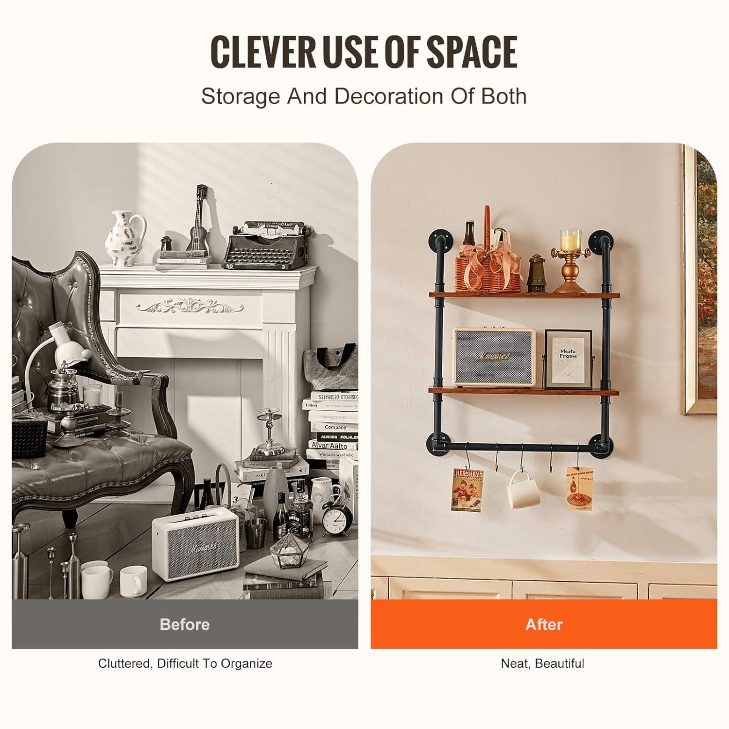 Williston Forge Industrial Pipe Shelf 2 Tier 24x7.87in Wall-Mount for Kitchen Bedroom