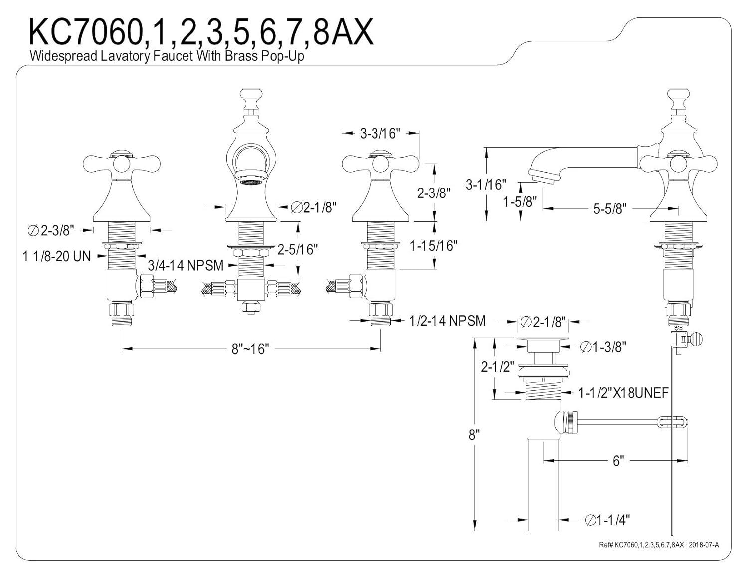 Kingston Brass Vintage Two-Handle 3-Hole Deck Mount Widespread Bathroom Faucet with Brass Pop-Up Drain