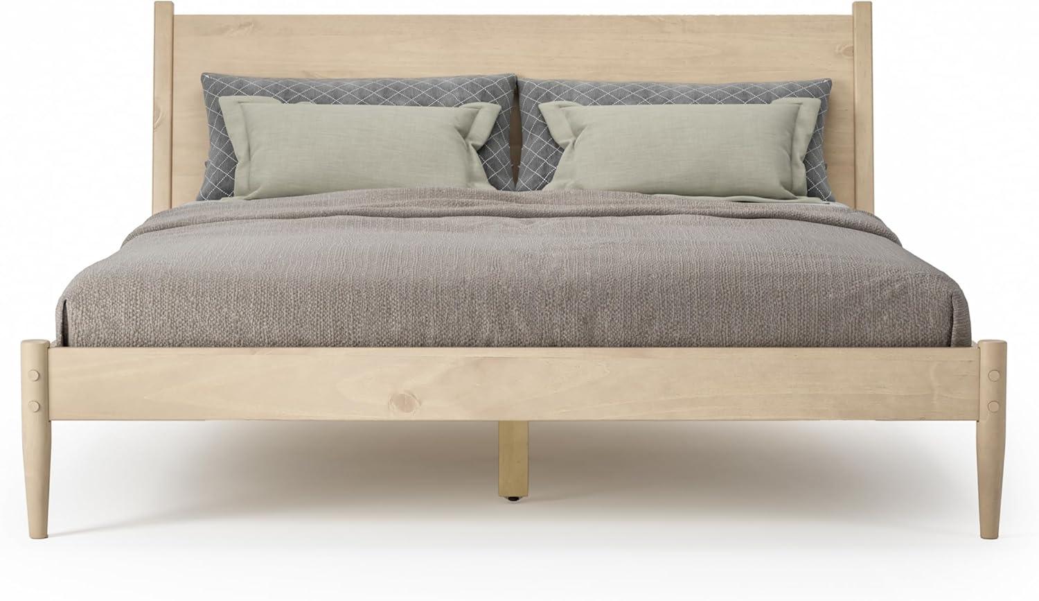 Mid-Century Light Oak King Pine Wood Upholstered Platform Bed