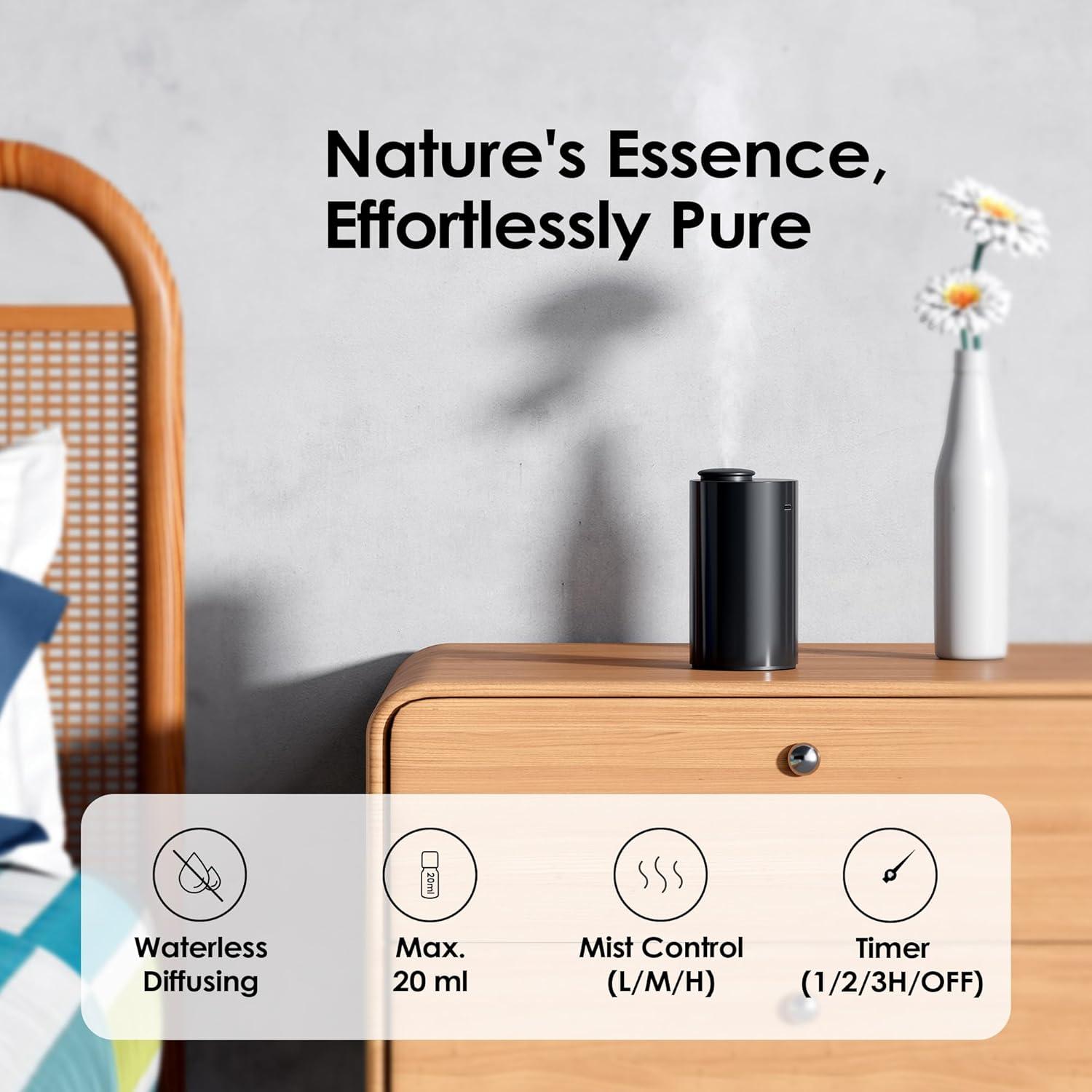 Waterless Diffuser For Essential Oil Nebulizer, Battery Operated Mini Scent Air Machine, Aromatherapy Nebulizer Diffuser, 1/2/3 Hours/Continuous Mode, 3 Levels Of Nebulization, Suitable For Home, Room, Car, Office AN6 Black