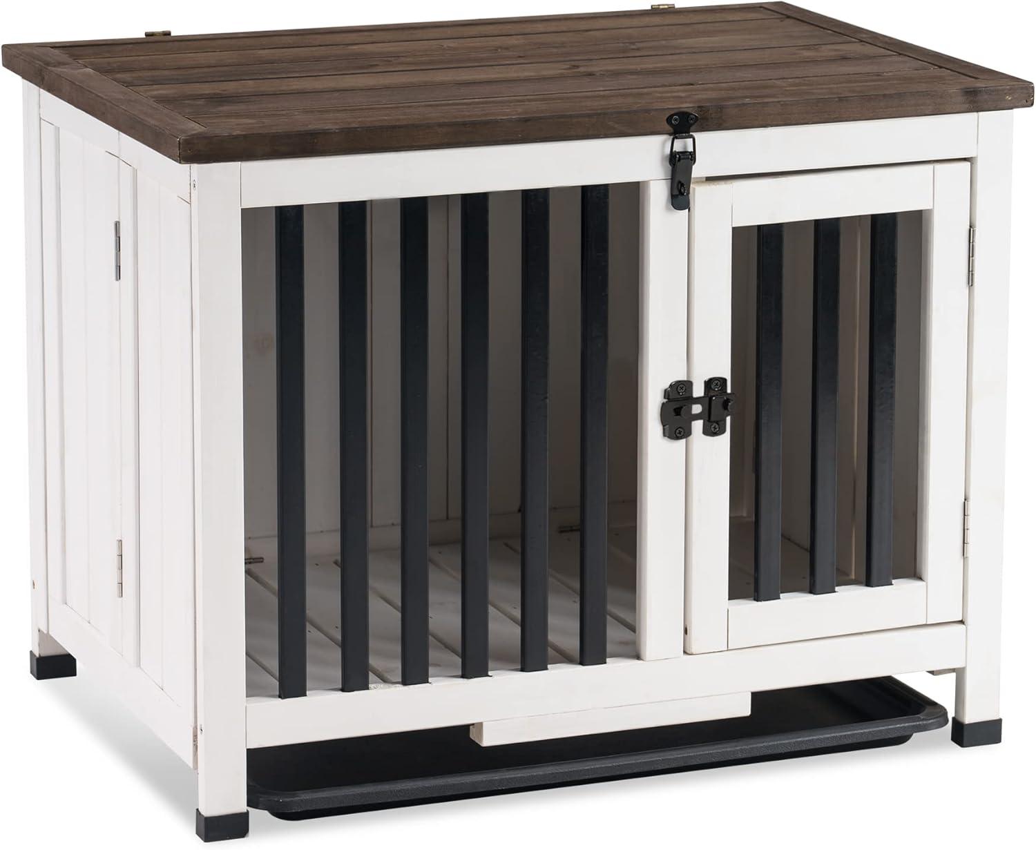 Small White and Brown Wooden Dog Crate End Table