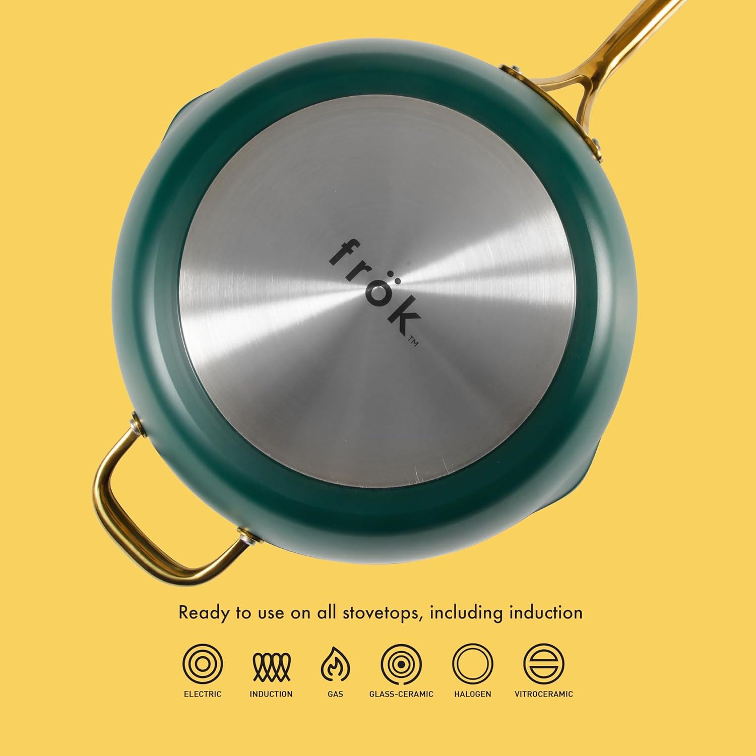 frök Frok 13"  Frying Pan Wok Skillet 4MM Thick Quick Heat Aluminum Cookware W/ Aluminum Lid Set W/ Premium PFA Free Ceramic Nonstick Interior & Heat Resistant Exterior - Induction