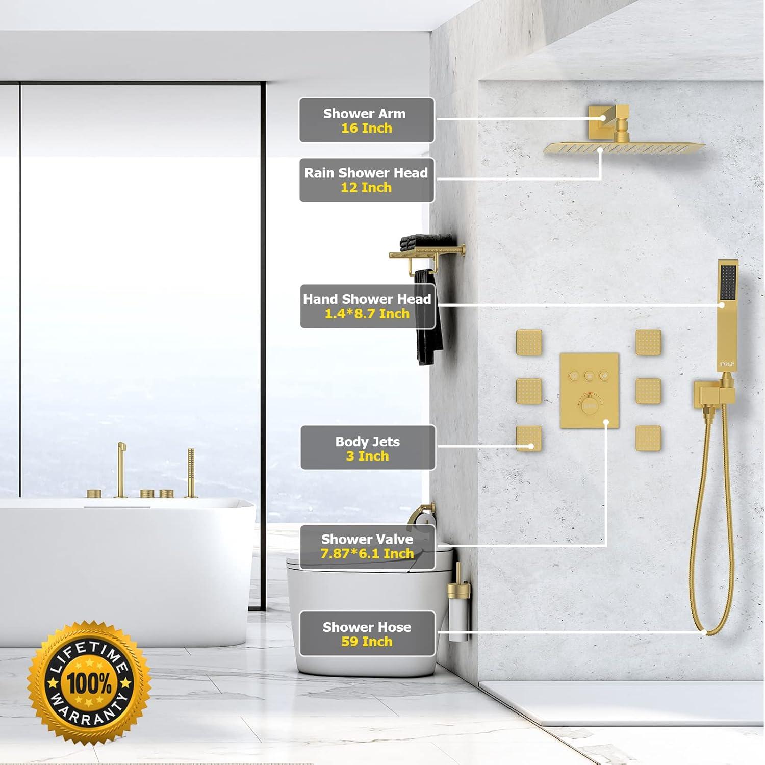 Revitalize 3-Function 12 Inch Wall Mount Rainfall Thermostatic Shower System with 6 Body Jets