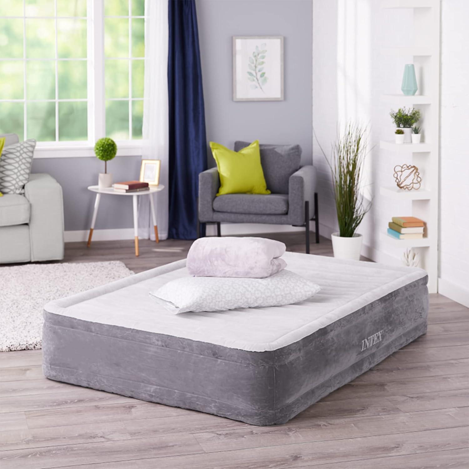 Full Gray and White Inflatable Raised Airbed with Pump