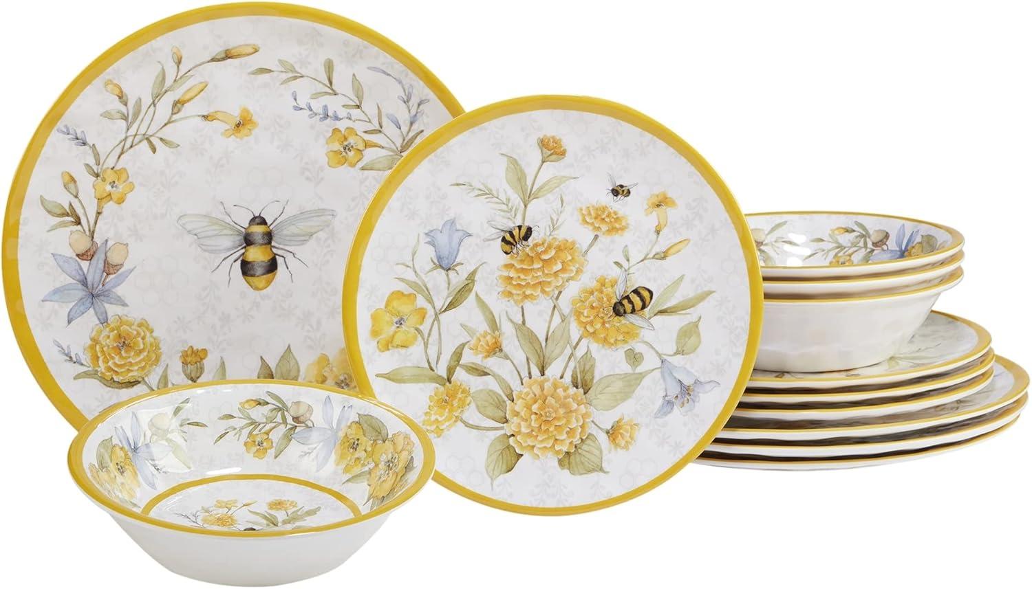 Bee Sweet Floral Melamine 12-Piece Dinnerware Set