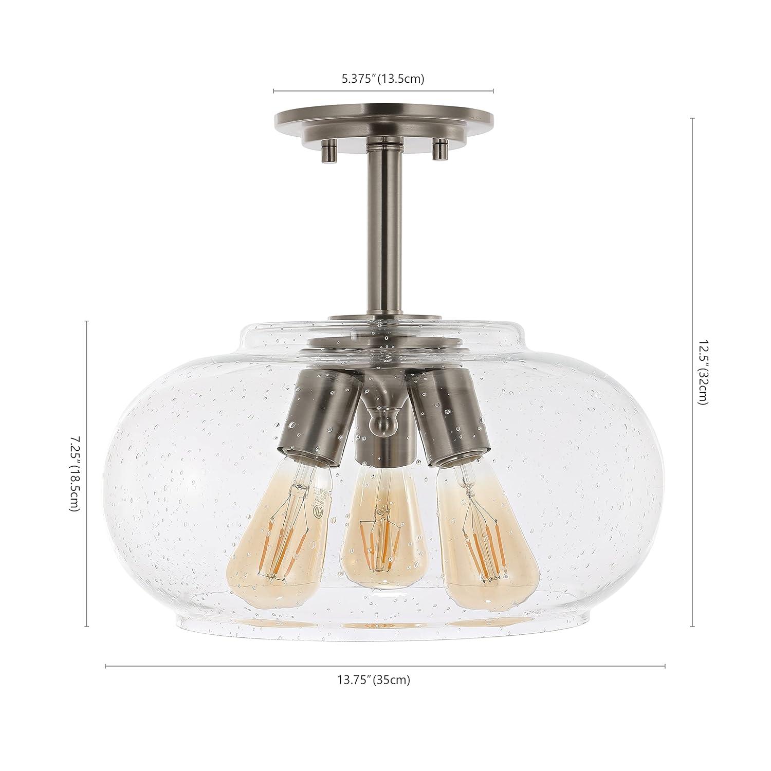 Lina 13.75" 3-Light Modern Industrial Iron/Seeded Glass LED Semi Flush Mount, Nickel/Clear