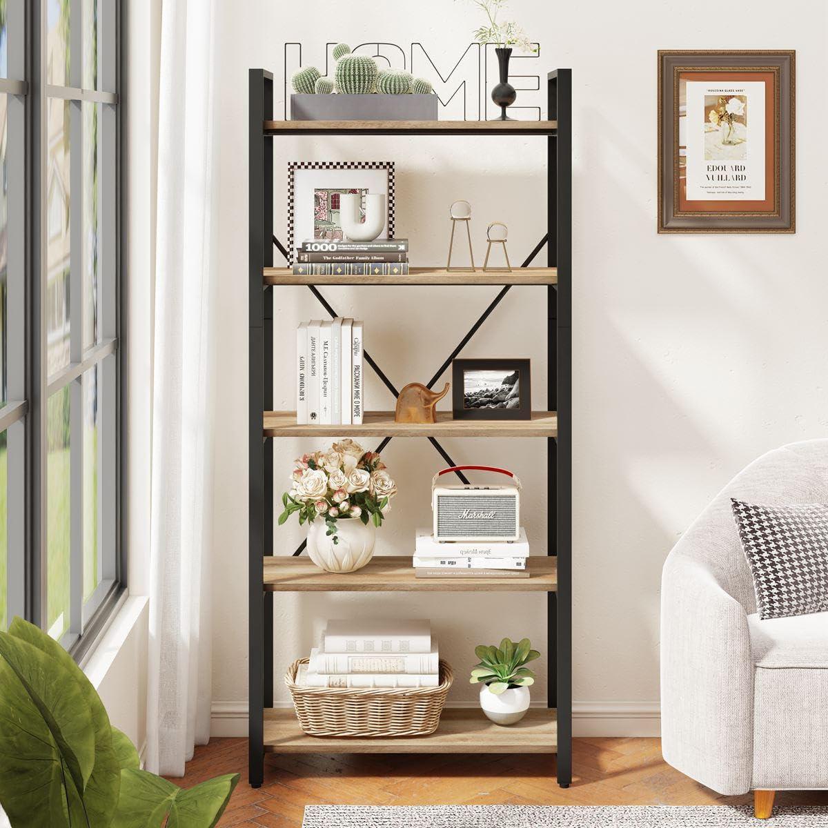 Rustic Oak and Black Metal 5-Tier Industrial Bookshelf