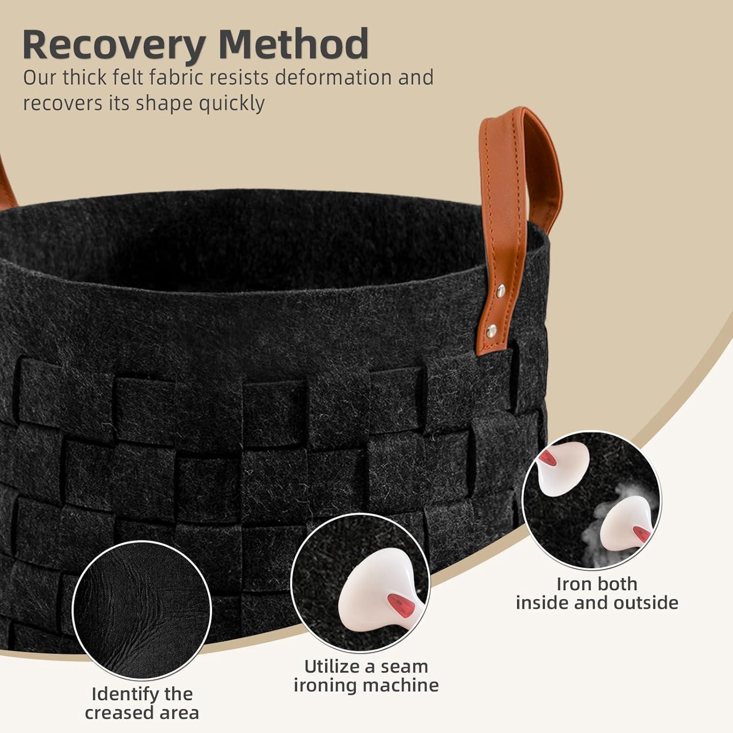 Laundry Basket 20" x20 x11.8, Large Round Blanket Basket with Leather Handle, Felt Storage Basket for Living Room, Nursery, Dog Toys-Dark Gray