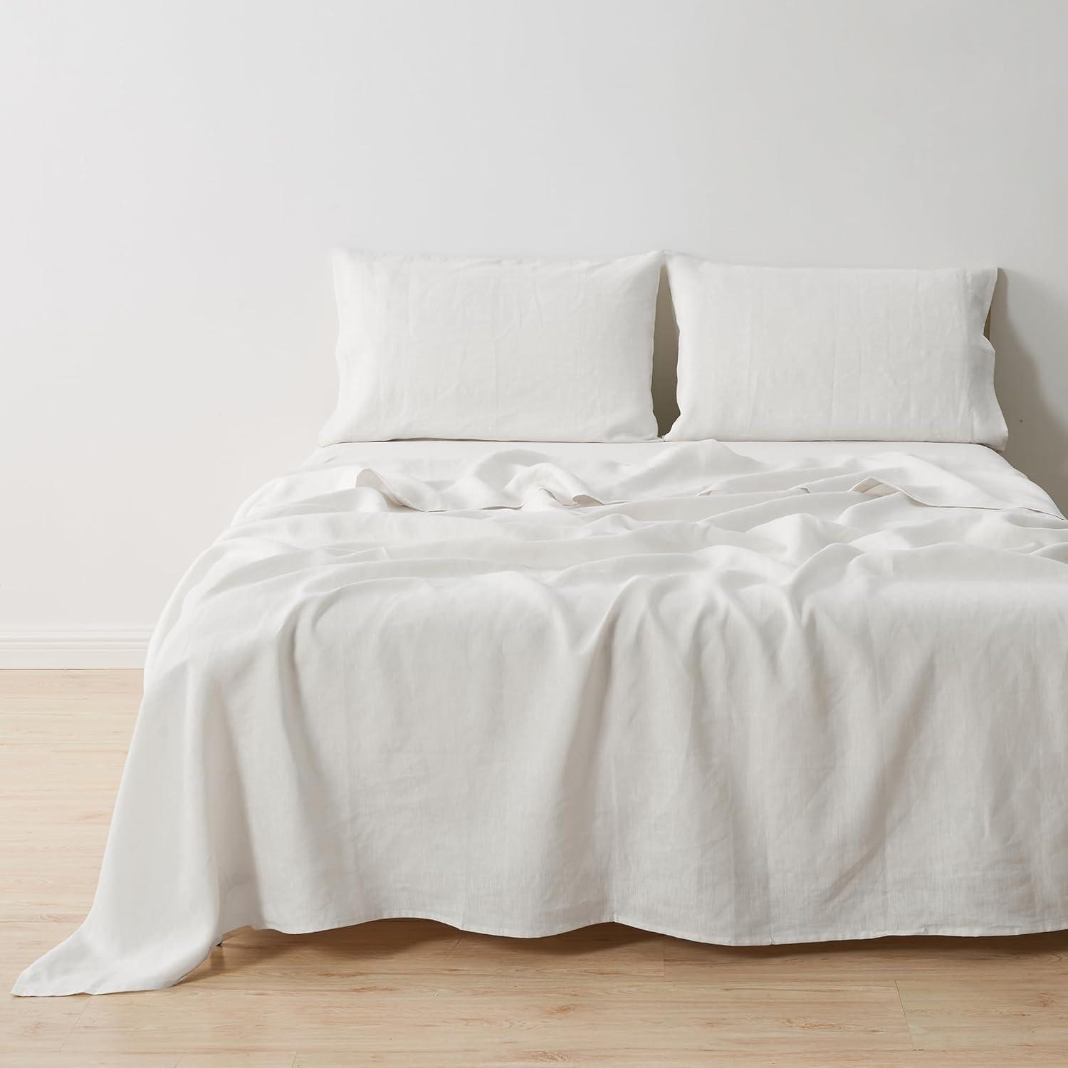 Great Bay Home 100% European Flax Linen Bed Sheet Set, Lightweight, Breathable, 4 Piece Sheet Set (Moss, King)
