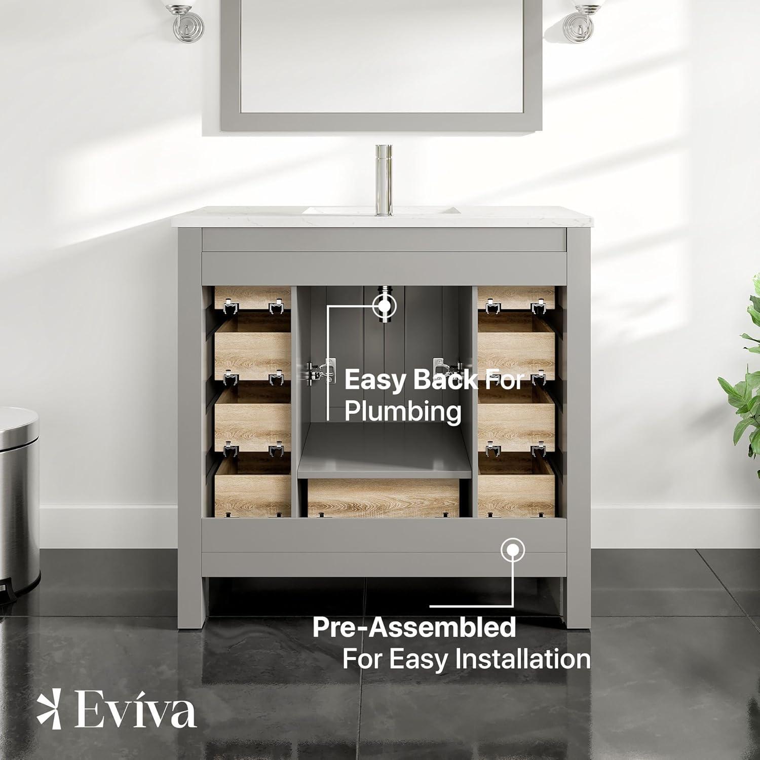 Eviva Hampton 36" Gray Transitional Bathroom Vanity w/ White Carrara Top