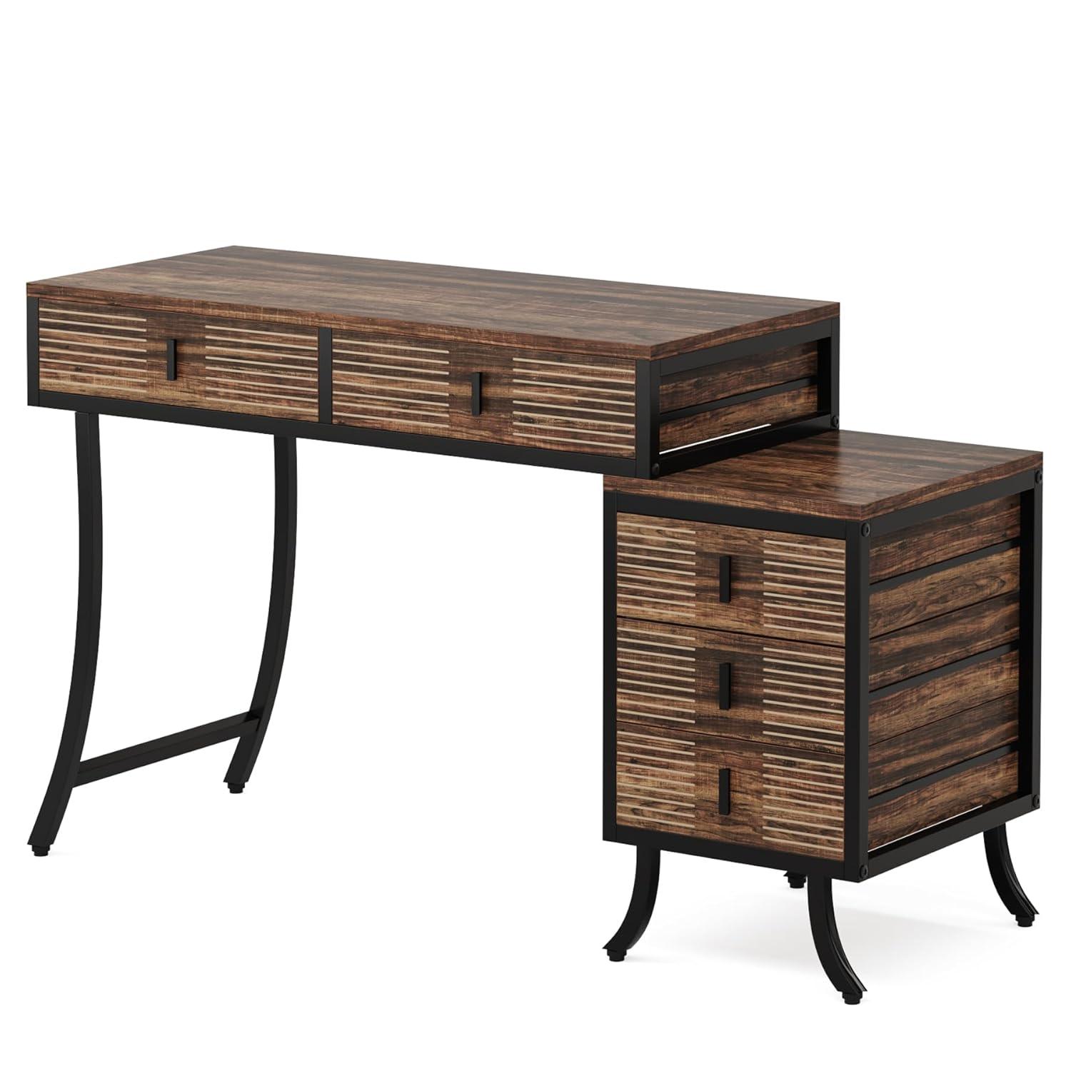 Finmind Computer Desk with 5 Drawers, 55" Home Office Desk with Reversible Drawer Cabinet
