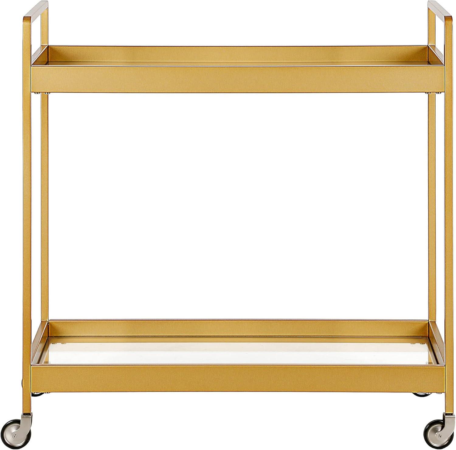 Glamourous Brass Finish Rectangular Bar Cart with Glass Shelves