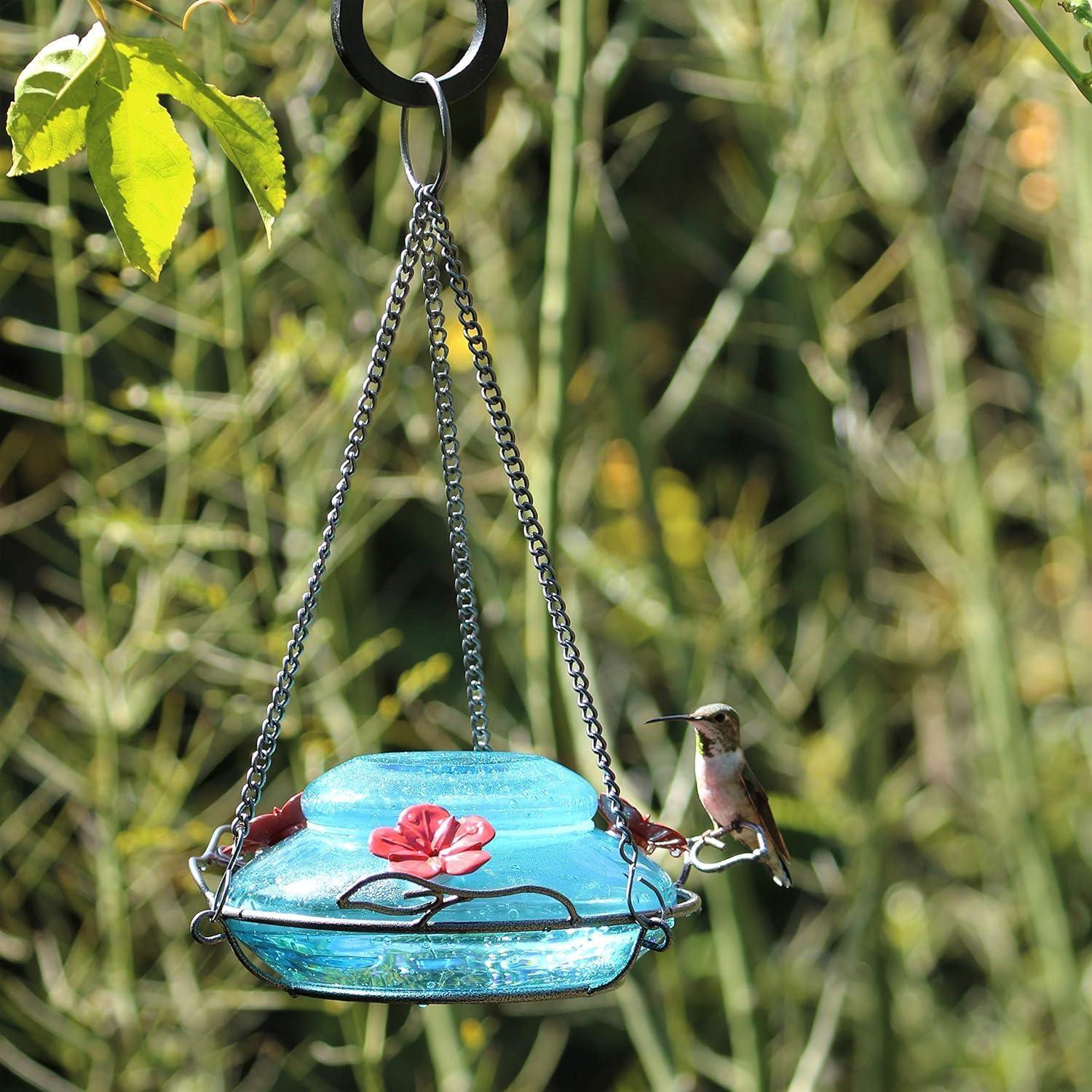 Mason Jar Blue Glass Top Fill Hummingbird Glass Feeder 16 oz.