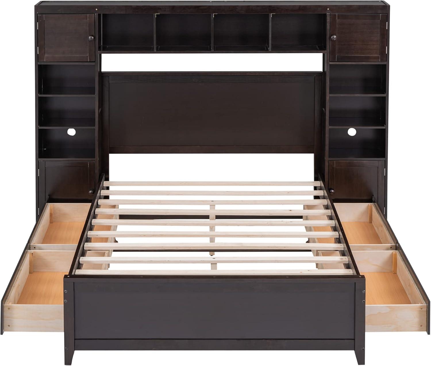 Polibi Full Size Bed Frame Wooden Platform Bed with All-in-One Cabinet and Shelf, 4 Storage Drawers & Wireable Charging Position with Holes,No Box Spring Required,Espresso