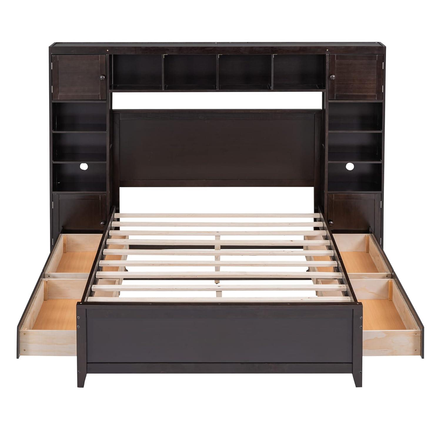 Polibi Full Size Bed Frame Wooden Platform Bed with All-in-One Cabinet and Shelf, 4 Storage Drawers & Wireable Charging Position with Holes,No Box Spring Required,Espresso