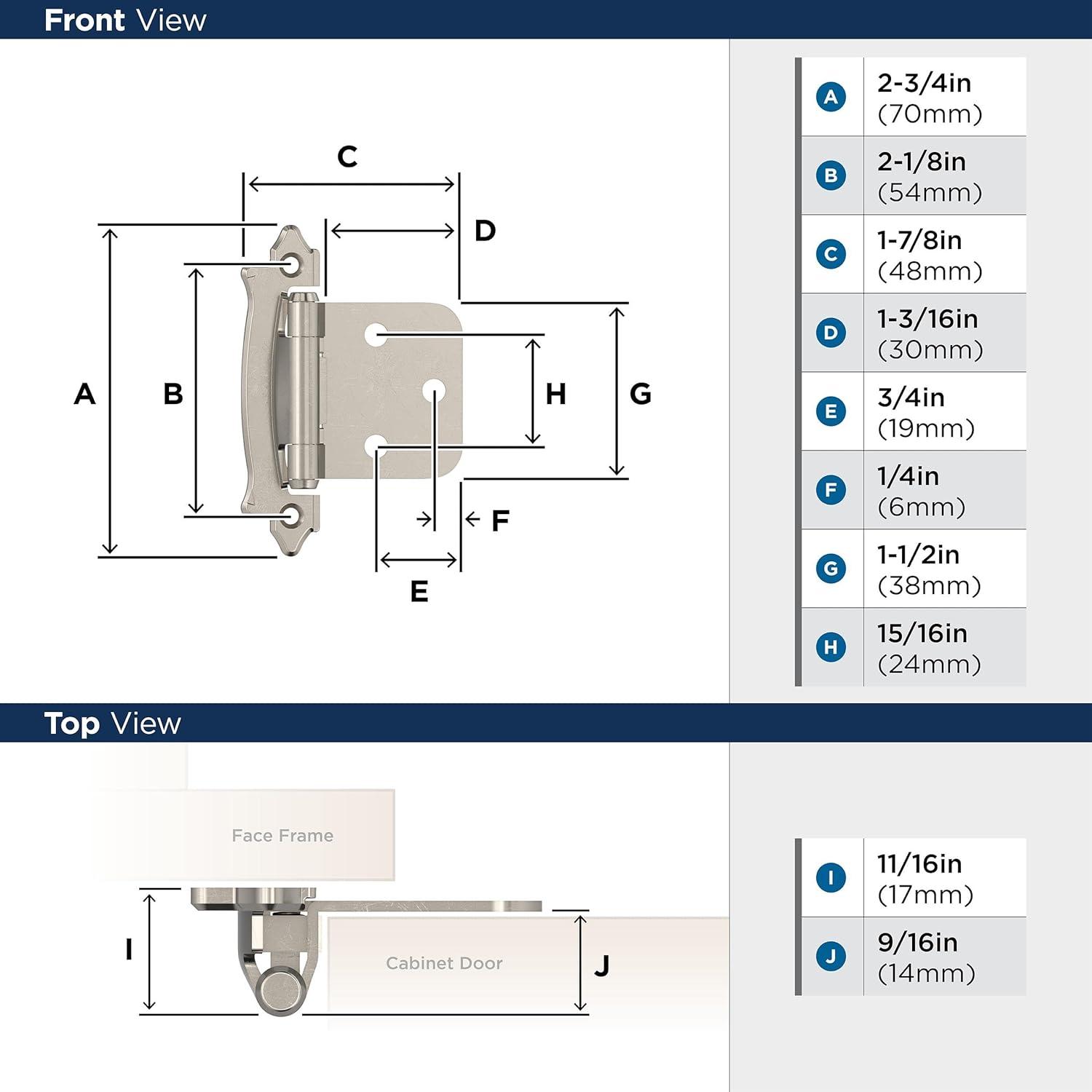 Sterling Nickel Self-Closing Face Mount Cabinet Hinge, 2 Pack