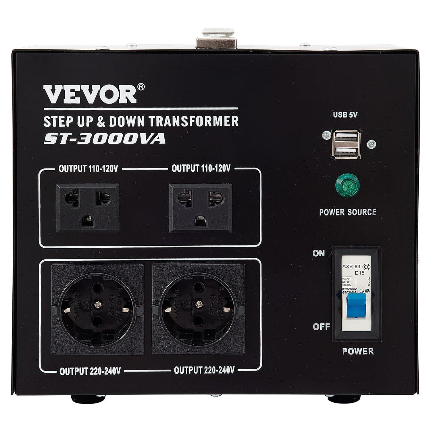 VEVOR 3000W Black Step Up/Down Voltage Transformer with USB Port