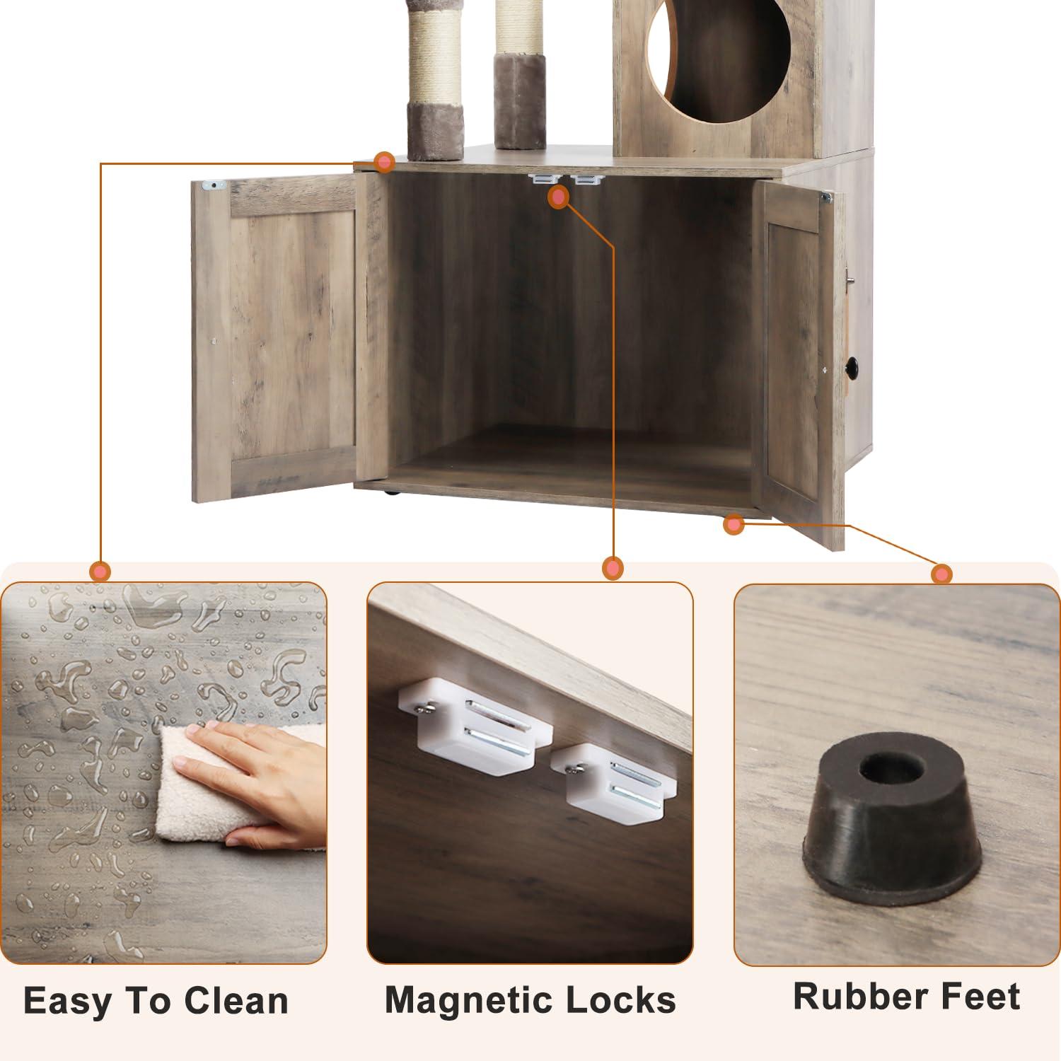 Litter Box Enclosure with Cat Tree, 2-in-1 Cat Tree Tower, Hidden Cat Litter Box Furniture with Scratching Post, Modern Cat Condo, Grey