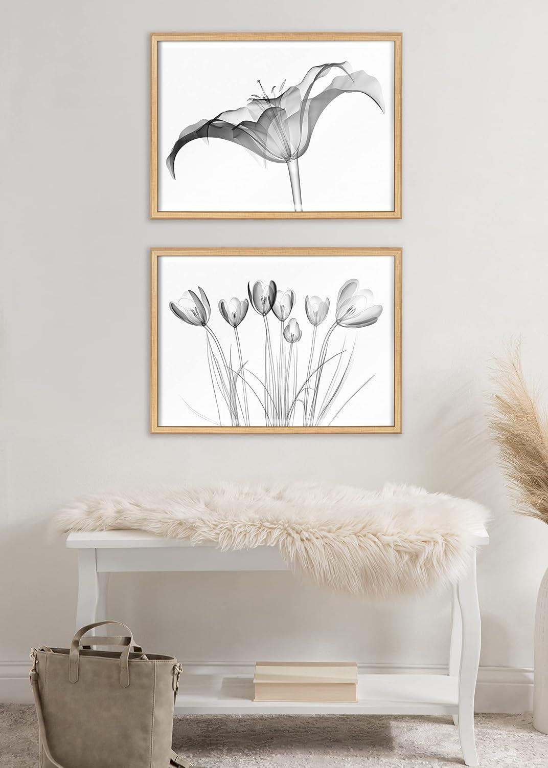 Natural Wood Framed Black and White Floral Glass Print