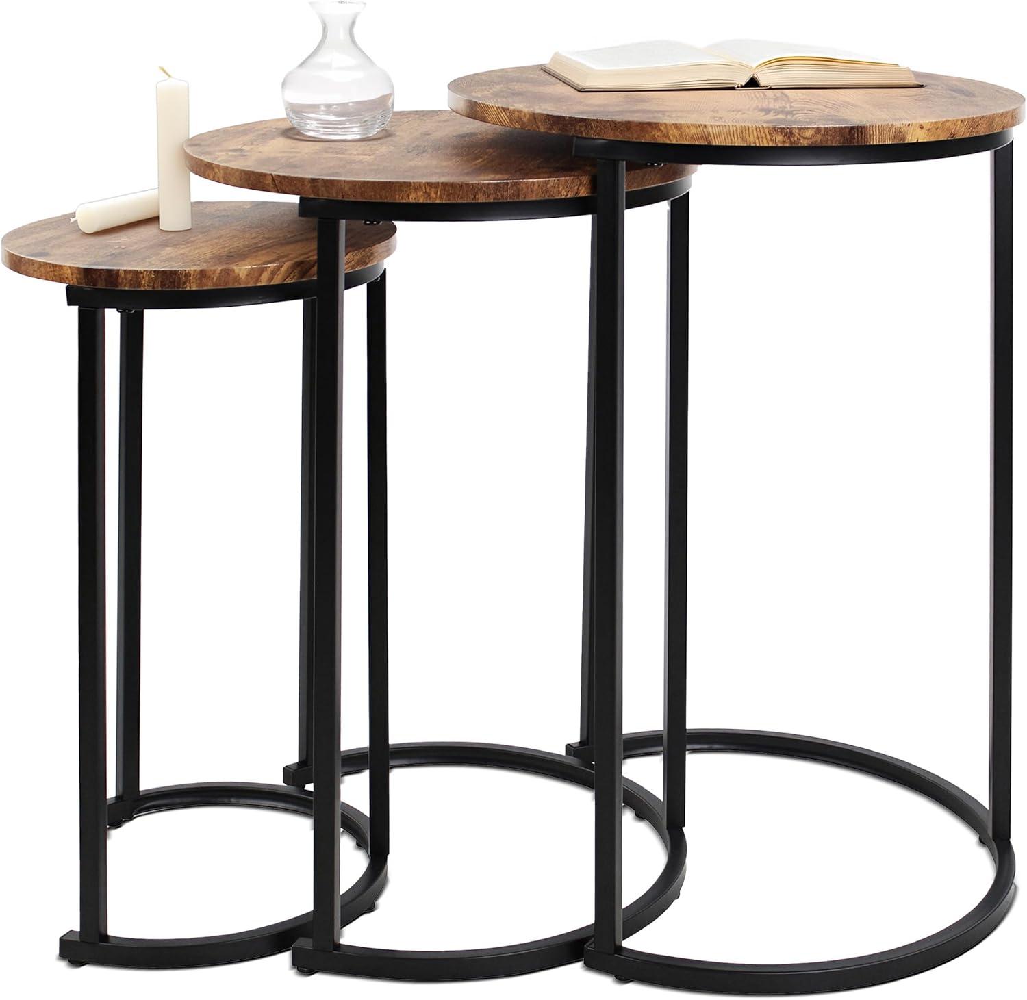 Set of 3 Round Wood and Metal Nesting Tables