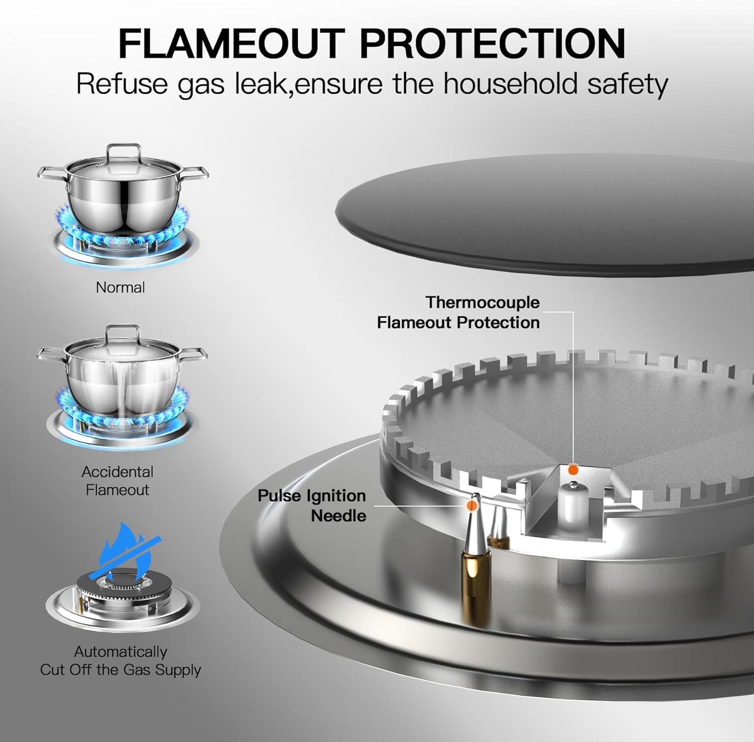 Stainless Steel 2 Burner Propane Gas Cooktop with Ceramic Surface