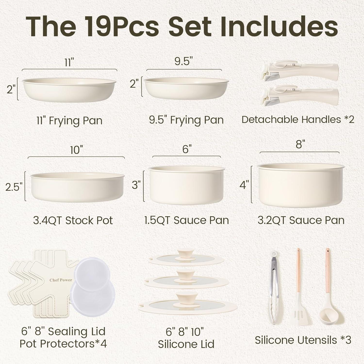 Chef Power Chef Power 19pcs Cream Cake Ceramic Nonstick Pots and Pans Set, Cookware Sets Detachable Handle