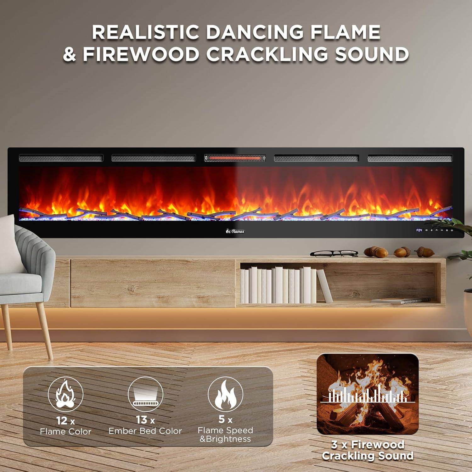 TURBRO 88” Smart WiFi Infrared Electric Fireplace with Sound Crackling and Realistic Flame, 1500W Quartz Heater, Recessed or Wall Mounted, Adjustable Flame Effects, Remote Control and App, in Flames