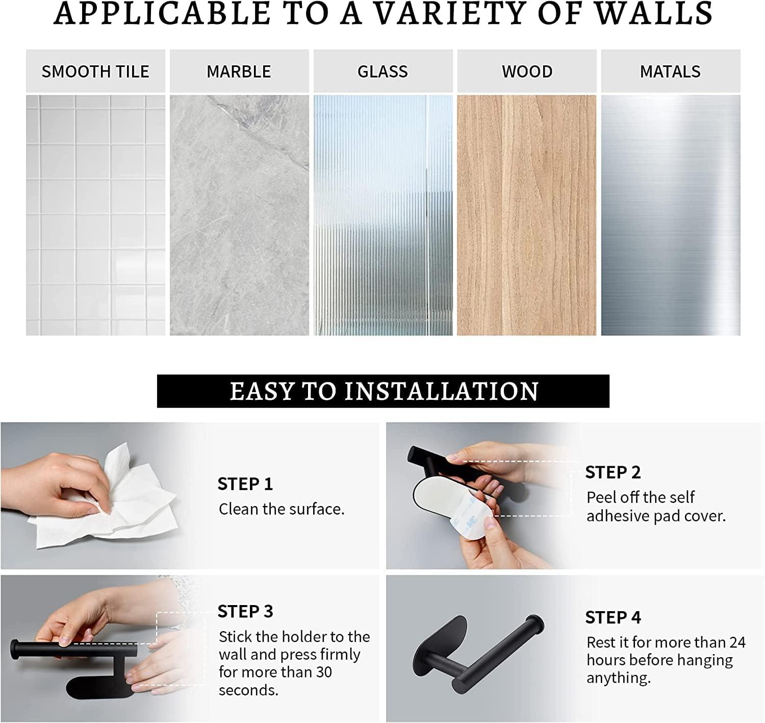 Toilet Paper Holder - Self Adhesive Toilet Paper Holder Wall Mount for Bathroom, No Drilling, SUS 304 Stainless Steel Command Strip Toilet Paper Roll Holder Stick On Wall - Matte Black