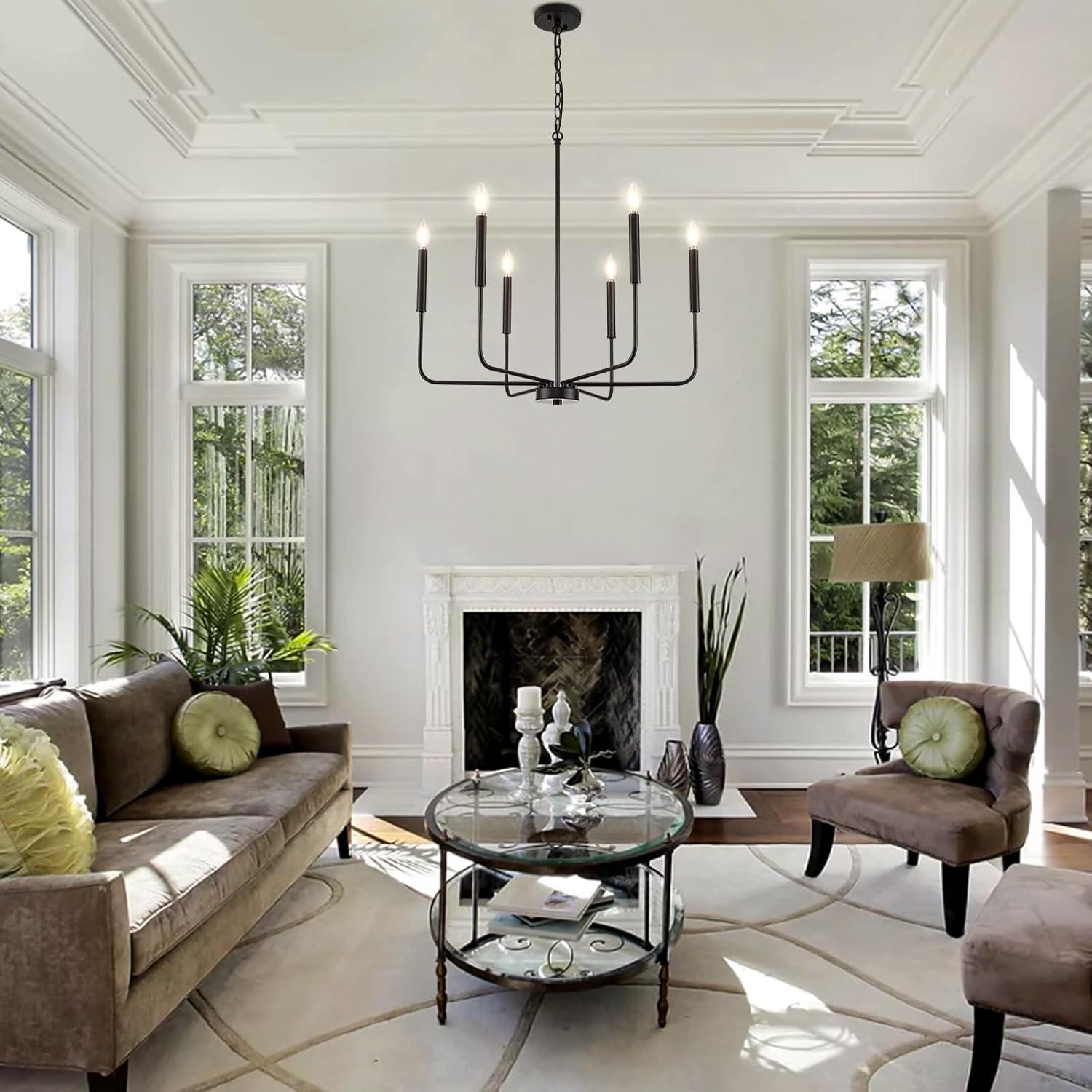 Modern Black Chandelier for Dining Room,Metal 6-Light Kitchen Light Fixtures,Farmhouse Candle Hanging Pendant Light for Living Room Entryway Foyer Bedroom (Bulbs Not Included)