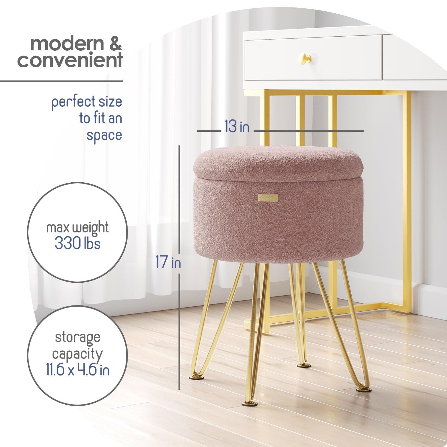 StorageBud Round Ottoman with Storage, Boucle Storage Ottoman, Modern Foot Stool Ottoman for Living Room and Bedroom, Pink/Gold Legs