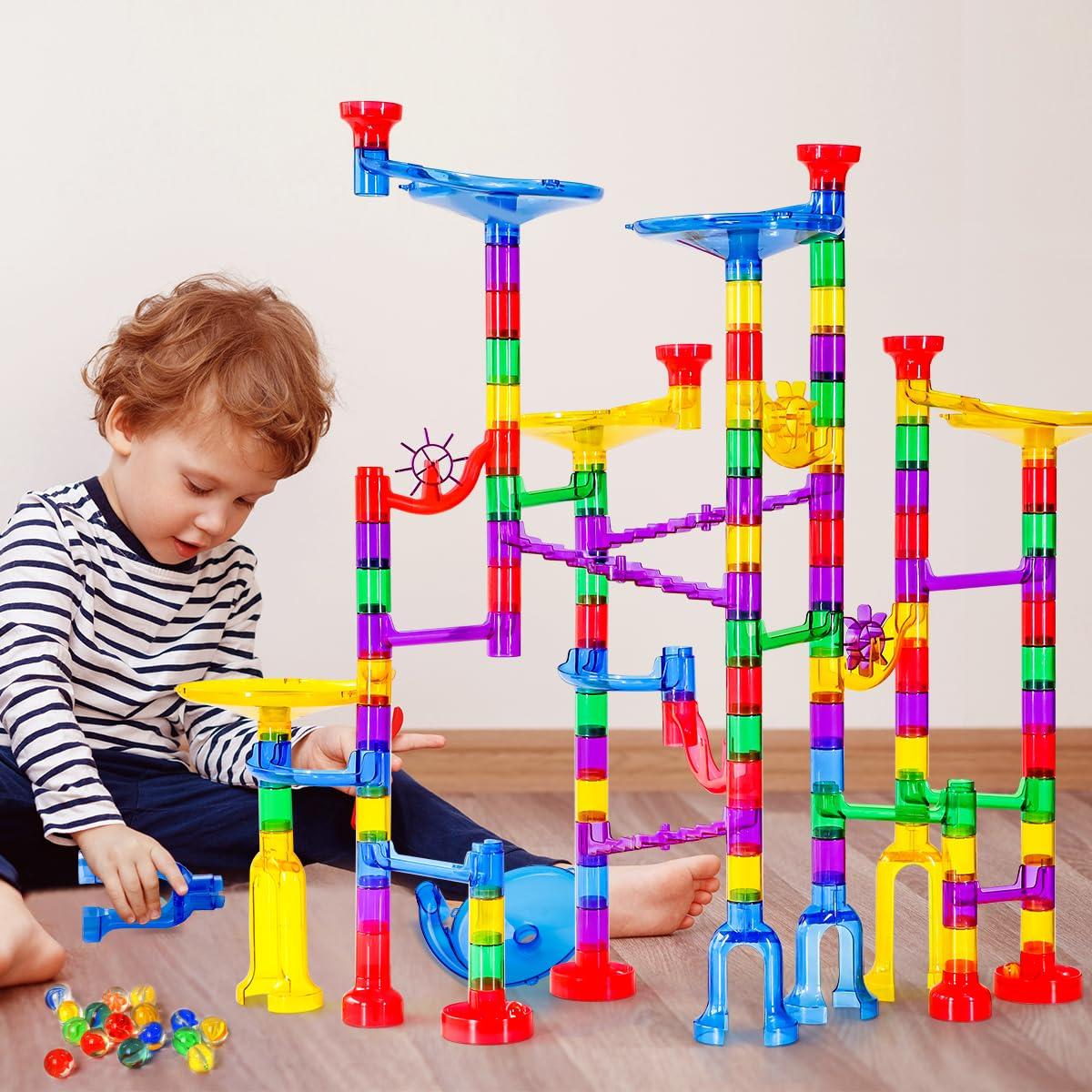 Meland Marble Run - 132Pcs Marble Maze Game Building Toy for Kid, Marble Track Race Set & STEM Learning Toys for Boy Girl Age 3 4 5 6 7 8 9+ (102 Translucent Marbulous Pcs & 30 Glass Marbles)