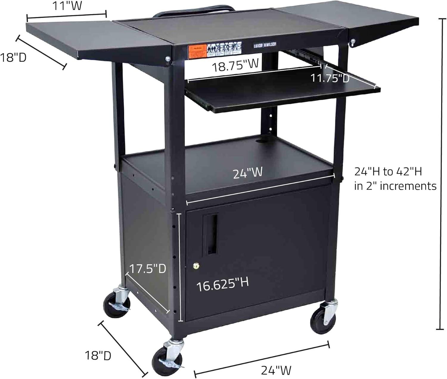 Adjustable Black Steel AV Cart with Keyboard Tray and Cabinet