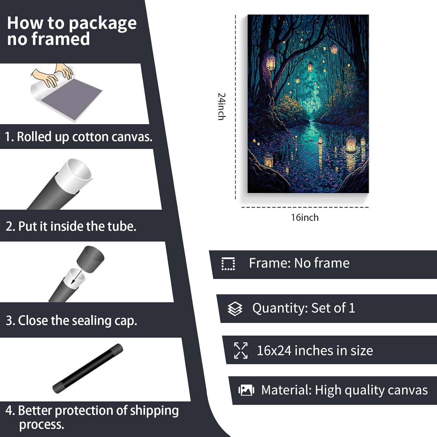 Fantasy Blue Forest Lanterns Canvas Wall Art 16x24