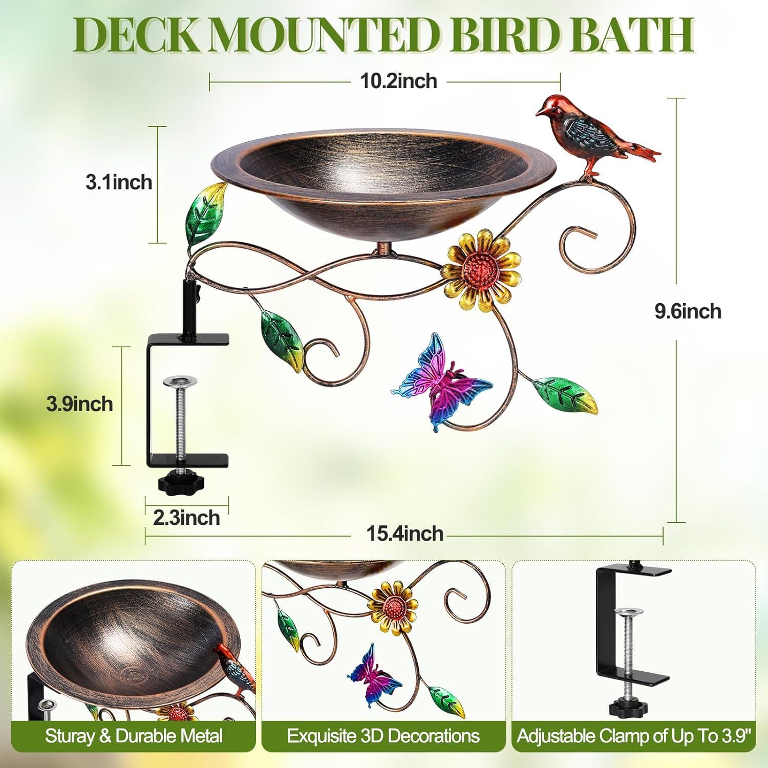 August Grove® Deck Mounted Bird Bath Detachable Metal Birdbath Bowl With Adjustable Clamp