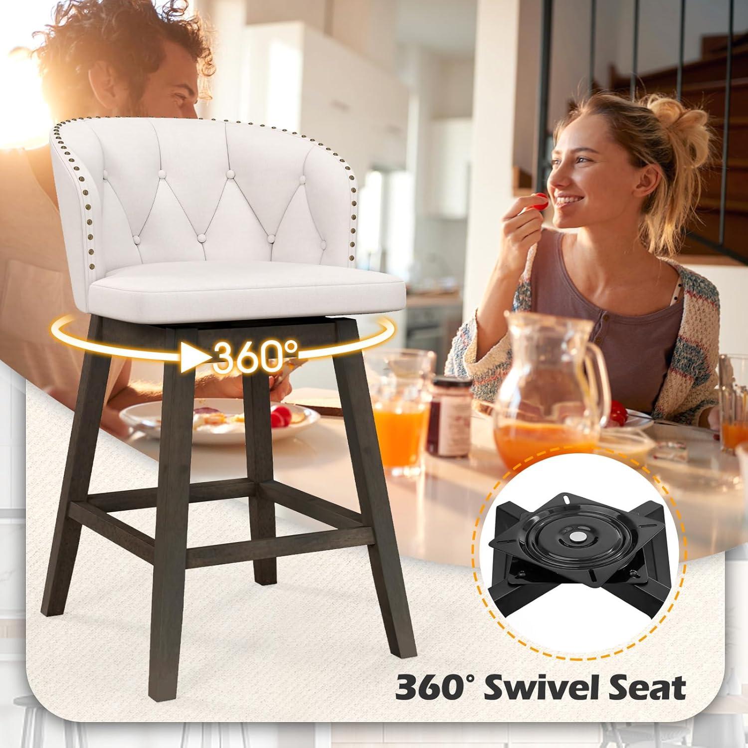 Costway 2 PCS Counter Height Bar Stools Fabric Upholstered Island Stools with 360° Swivel Seat Beige