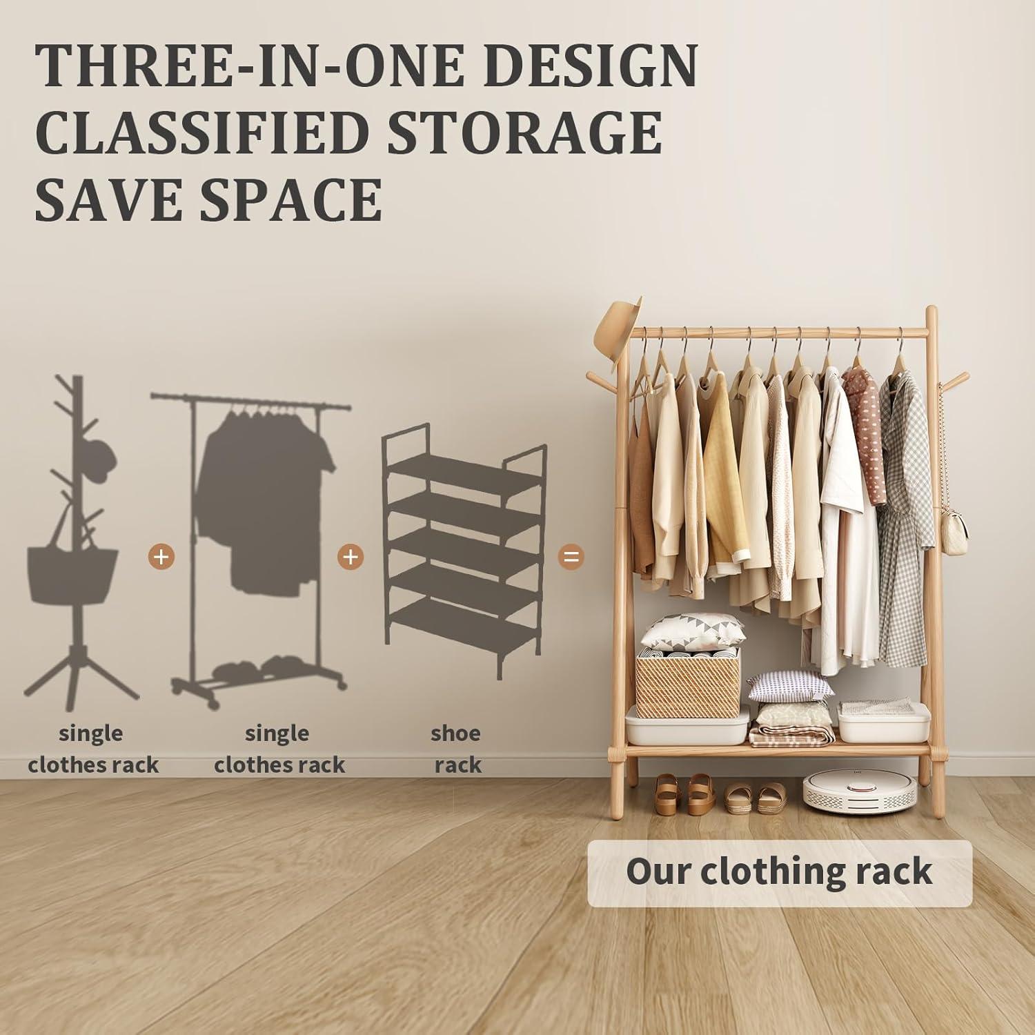 Natural Solid Wood Portable Clothing Rack with Shelf and Hook