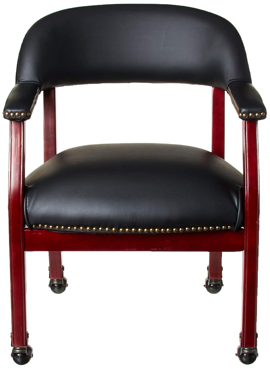 Captain's Chair with Casters Black - Boss Office Products: Mahogany Base, Vinyl Upholstery, Brass Castors